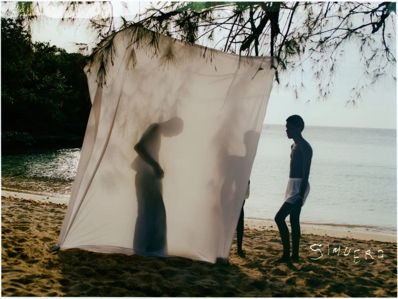 Three figures on a beach partially concealed by a white translucent cloth, with trees and the ocean visible in the background.