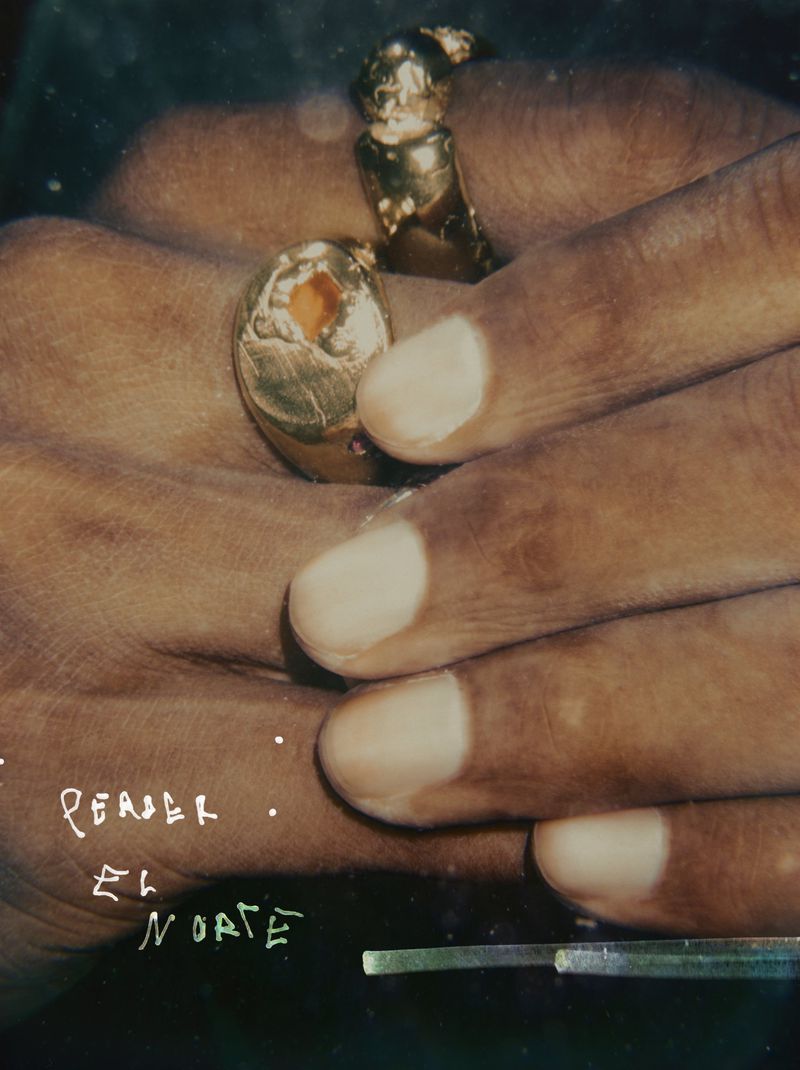Close-up of a person's hands adorned with distinctive gold rings, the composition offering a detailed focus on the jewelry.