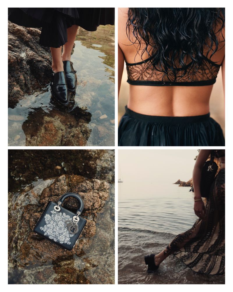 A collage of fashion details: black leather shoes in water, a woman's back with a lace bra, a designer handbag, and a woman near the sea.