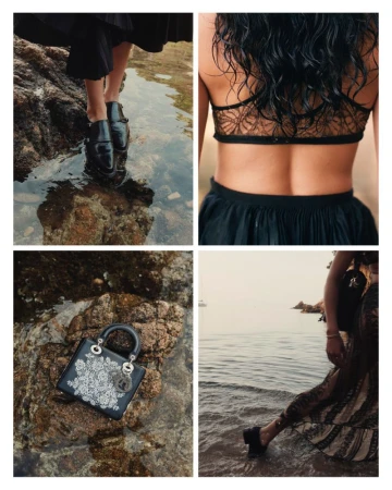 A collage of fashion details: black leather shoes in water, a woman's back with a lace bra, a designer handbag, and a woman near the sea.