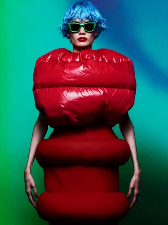 Woman with blue hair and sunglasses poses wearing a red padded dress against a blue and green background.