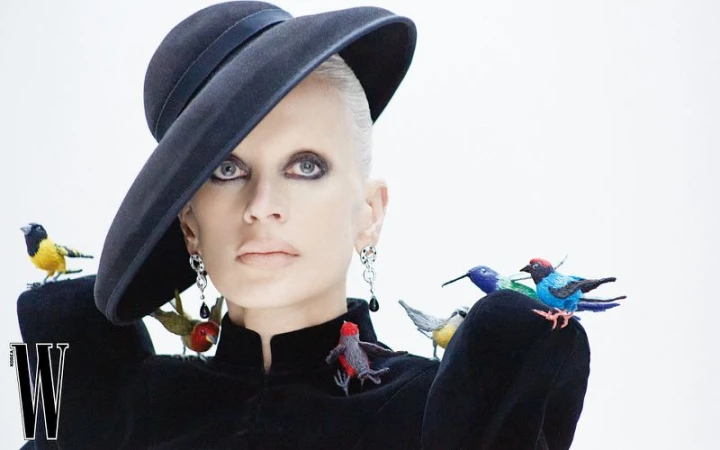 Fashion editorial shot of a woman in a black hat and jacket adorned with colorful bird brooches against a white background.