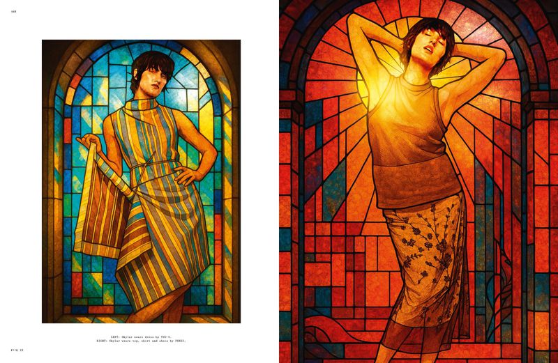 Two women in a stylized stained-glass art piece. The figures wear dresses and pose against colorful, geometric stained glass.