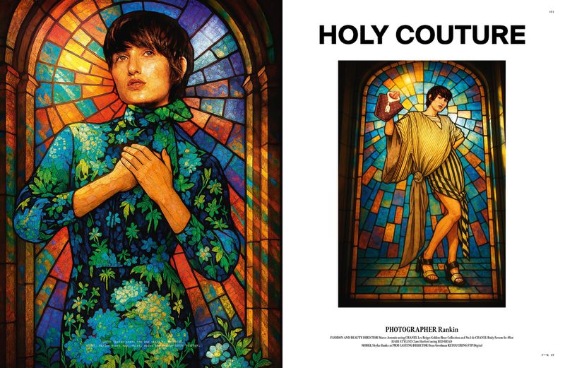 Artistic fashion editorial featuring a woman in a floral dress with a colorful stained glass window background, alongside a second woman.