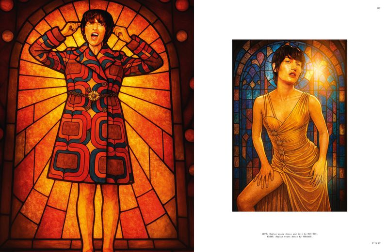 Illustration of women in patterned dresses standing against colorful stained-glass backgrounds, evoking a blend of vintage and modern styles.