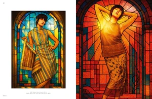 Editorial double-page spread featuring illustrations of models posed in front of colorful stained glass windows
