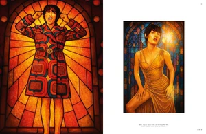 Magazine editorial spread featuring two illustrated fashion portraits styled as stained-glass figures in retro garments.