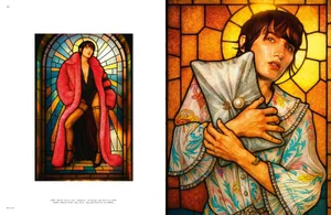 Editorial spread featuring a model holding a quilted pouch against a stained glass window backdrop for The Hunger Magazine.
