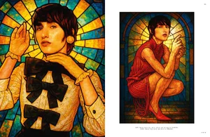 Editorial spread featuring a person posing against an ornate stained glass window backdrop for The Hunger Magazine.