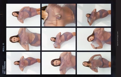 Ashley Graham in a sheer mesh dress and underwear in multiple poses against a bright white background