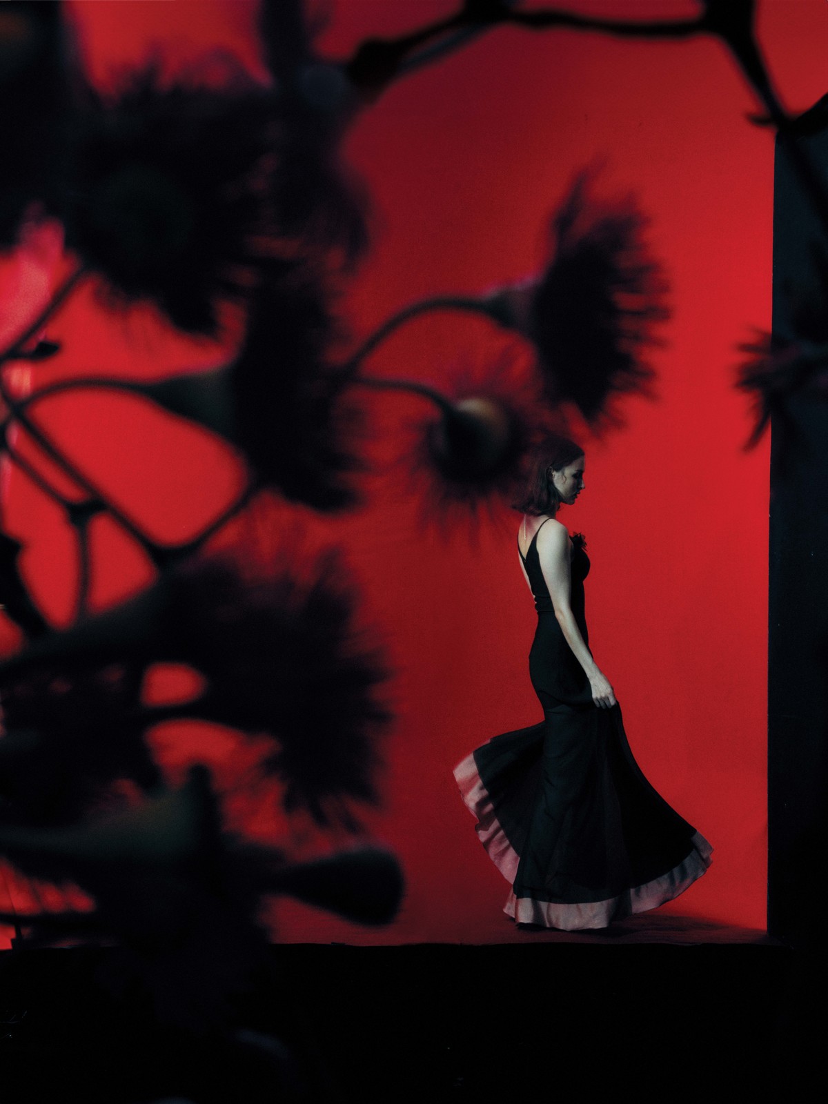Woman in elegant black gown stands against a vibrant red backdrop with dark floral shadows, in a dramatic fashion-style photograph.