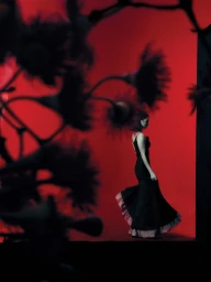 Woman in a black dress walking against a vivid red backdrop, framed by dark silhouette flowers in the foreground.