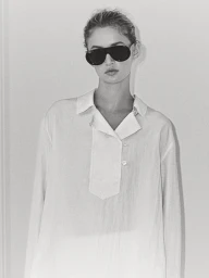 Monochrome fashion portrait of a model wearing dark sunglasses and a white collared shirt against a plain light background