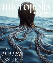 Surreal magazine cover showing the back of a woman's head emerging from ocean water with sprawling octopus tentacles.
