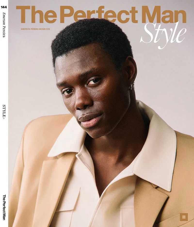 Model Emerson Pereira wearing a beige tailored blazer and cream collared shirt on The Perfect Man Style magazine cover.