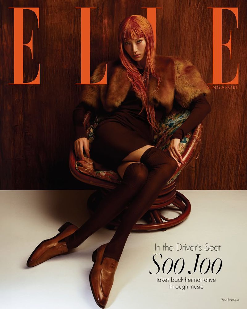 Magazine cover featuring a woman with orange hair in a fur-trimmed dress, seated in a decorative chair, wearing brown shoes and stockings.