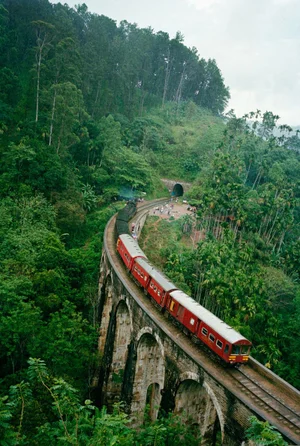 Red passenger train crossing the stone Nine Arches Bridge viaduct surrounded by dense green forest in Sri Lanka.