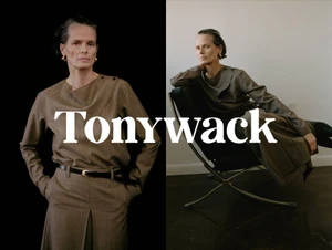 Model in brown garments posing for the Tonywack FW 2025 campaign, featuring split black and neutral background layouts.