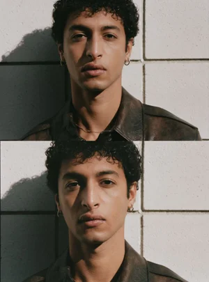 Close-up split-frame portrait of a male model wearing a dark leather jacket against a light tiled wall.