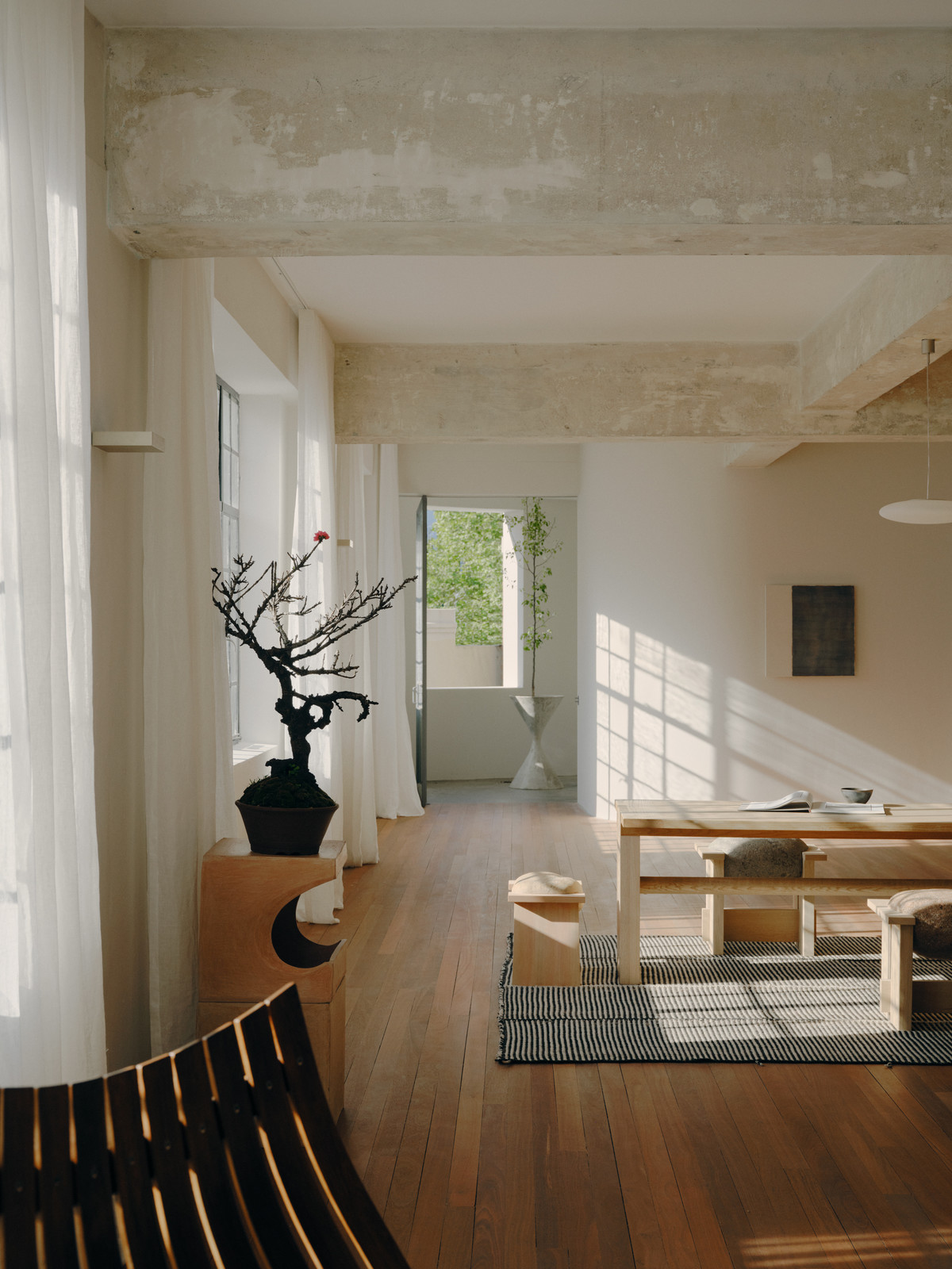 Zen interior featuring a black bonsai on a wooden pedestal, a dining table with chairs and bench, and natural sunlight from a window.