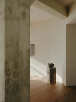 Minimalist interior view featuring a textured concrete pillar and a dark ceramic bowl on a rustic stone pedestal.