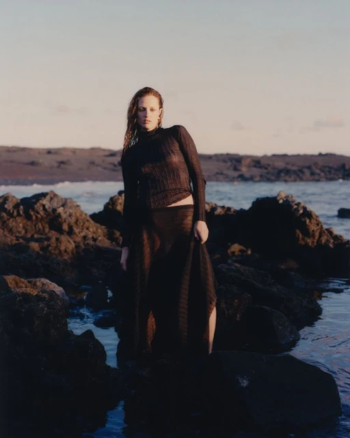 A blonde model in a semi-sheer brown dress poses on black rocks near a body of water and a sandy beach under a light sky at dusk.