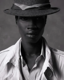 Black-and-white portrait of Marial Akech wearing a dark fedora, striped shirt, and trench coat against a textured studio backdrop.