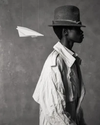 Marial Akech in profile wearing a textured trench coat and fedora hat beside a suspended paper airplane in monochrome.