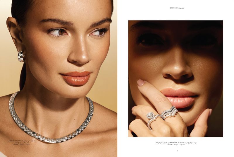 Close-up split image showcases a model wearing silver jewelry, including a necklace, earrings, and rings, in a studio setting.
