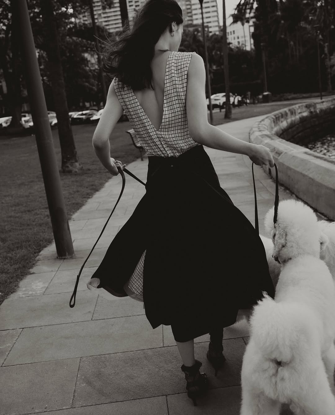 A woman in a checkered top and black skirt walks dogs on a city path, near a body of water, with a city skyline in the background.