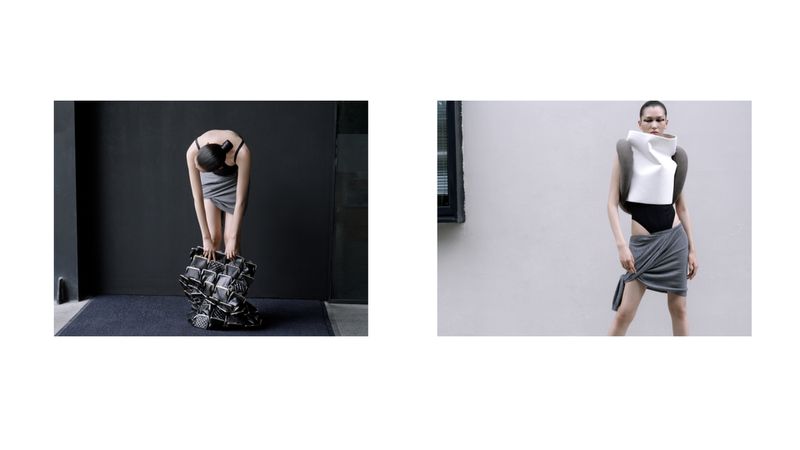 Two photos: woman in black bodysuit and grey wrap skirt; woman holding cube object, indoor setting, neutral tones. Fashion editorial.