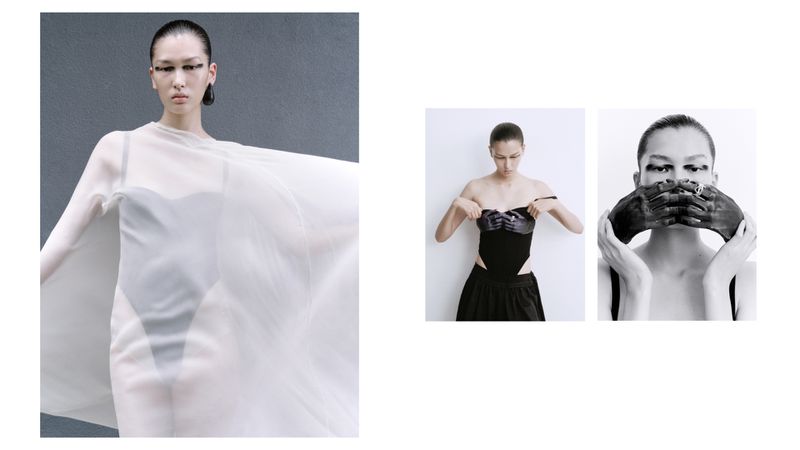 A collage of fashion photos featuring a woman in a sheer cape, another in a black outfit, and a close-up with painted hands covering her mouth.