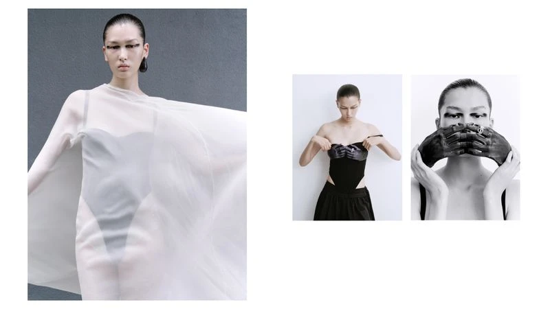 A collage of fashion photos featuring a woman in a sheer cape, another in a black outfit, and a close-up with painted hands covering her mouth.