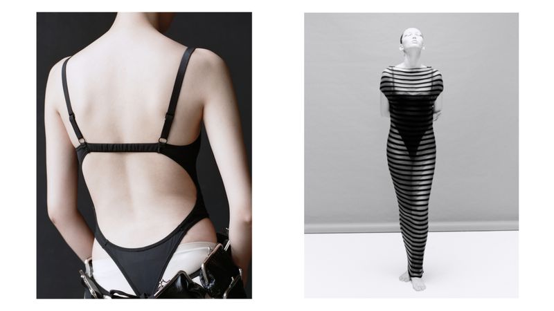 Two fashion studio shots: a woman in a black one-piece swimsuit and another in a sheer, horizontally striped dress with minimalist backdrop.