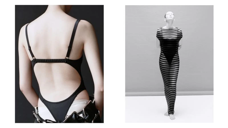 Two fashion studio shots: a woman in a black one-piece swimsuit and another in a sheer, horizontally striped dress with minimalist backdrop.