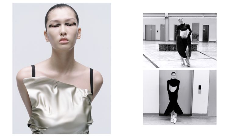 Studio shot of an Asian model with extreme winged eyeliner wearing a draped satin top, showcasing fashion and beauty in a minimalist aesthetic.