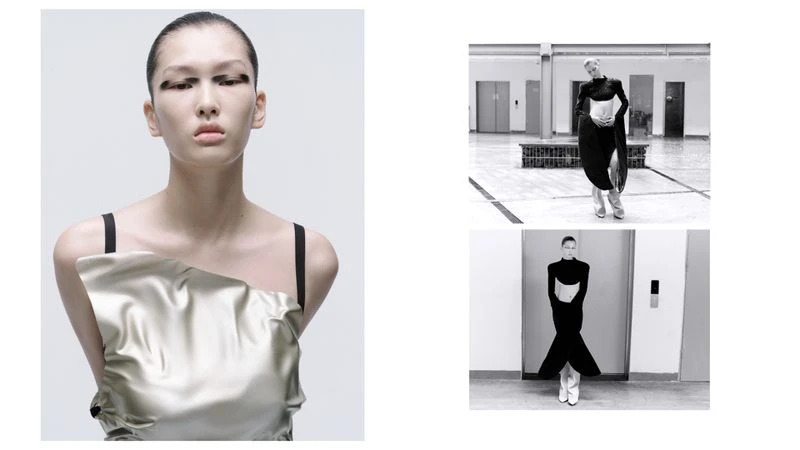 Studio shot of an Asian model with extreme winged eyeliner wearing a draped satin top, showcasing fashion and beauty in a minimalist aesthetic.