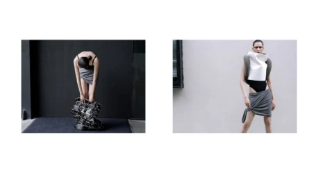 Model wearing sculptural avant-garde garments posing in an architectural editorial split-frame diptych photograph