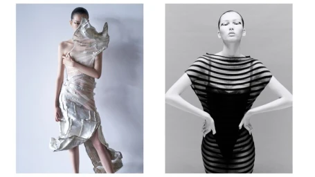 Two fashion editorial portraits of a model wearing avant-garde sculptural garments against a neutral seamless background.