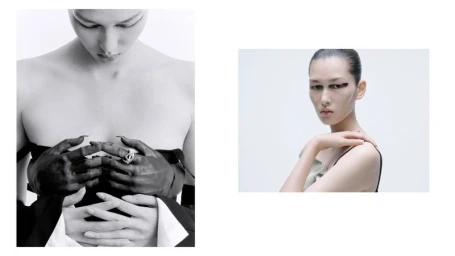 Diptych featuring hands held across a torso on the left and model Ying Ouyang with graphic black eye makeup on the right.