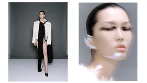 Diptych fashion editorial featuring model Ying Ouyang in an off-white jacket with draped black sash and an artistic beauty close-up.