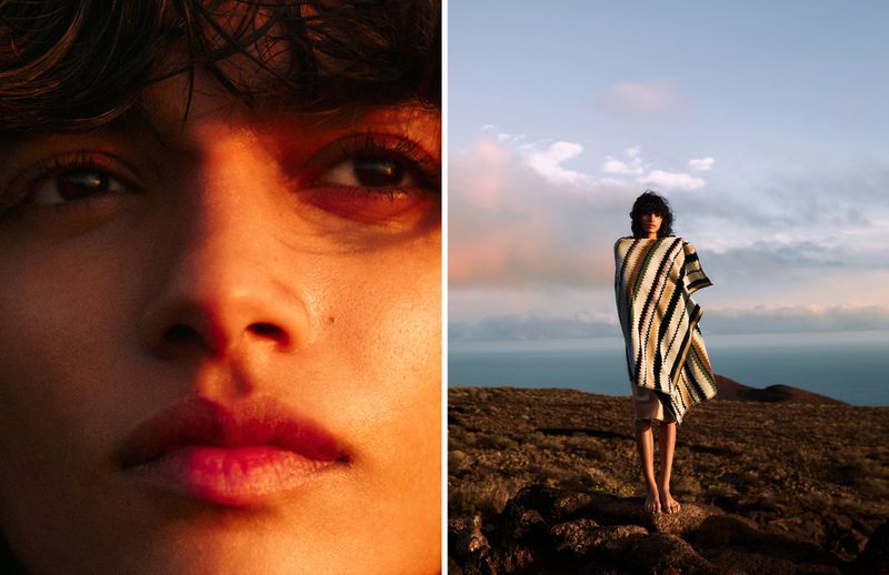 Split image: a close-up of a face lit with warm light and a person standing on a hill wrapped in a striped poncho at dusk.