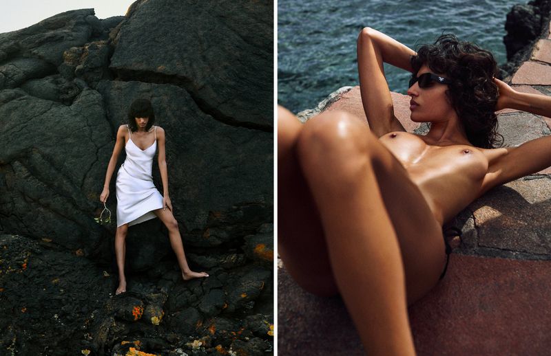 Two-panel fashion shot: woman in white dress poses on rocks, woman in sunglasses reclines nude on rocks near the sea.