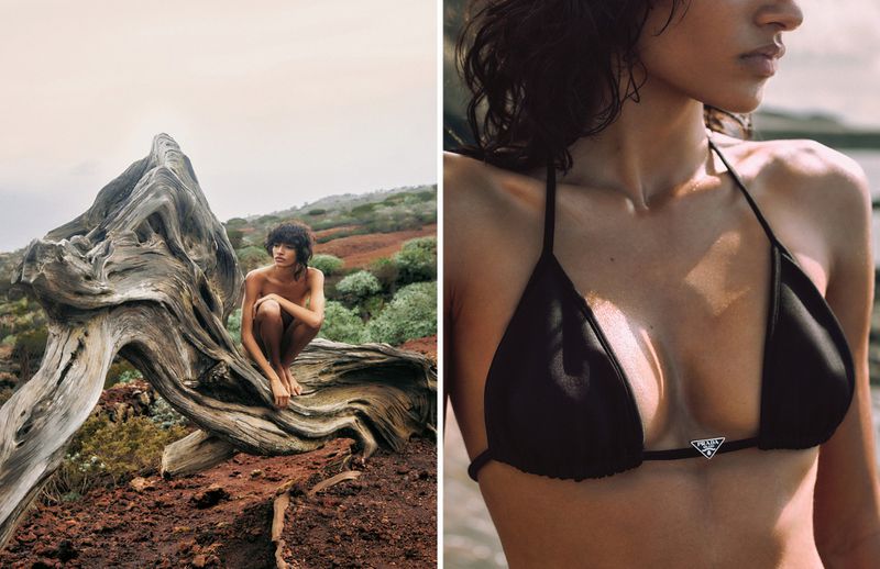 A woman in a black bikini poses on a tree trunk and in a studio, showcasing fashion, with a natural background on one side and a close-up on the other.
