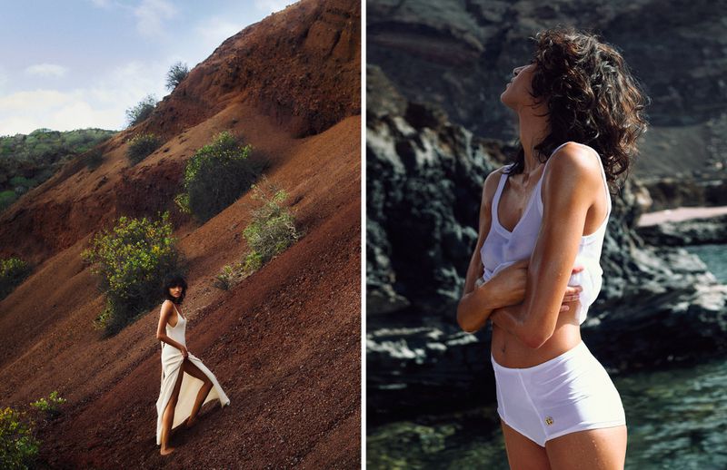 A woman poses on a reddish-brown hillside in a light dress, alongside a woman in white swimwear against a rocky coast backdrop.