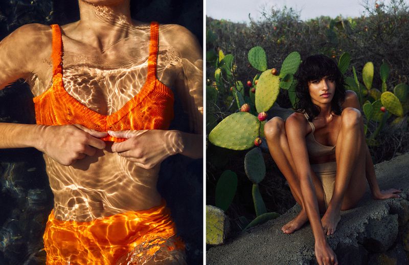 Two-panel fashion shot: woman in orange swimsuit in water with sunlit patterns, and woman in beige swimsuit seated outdoors with cactus.