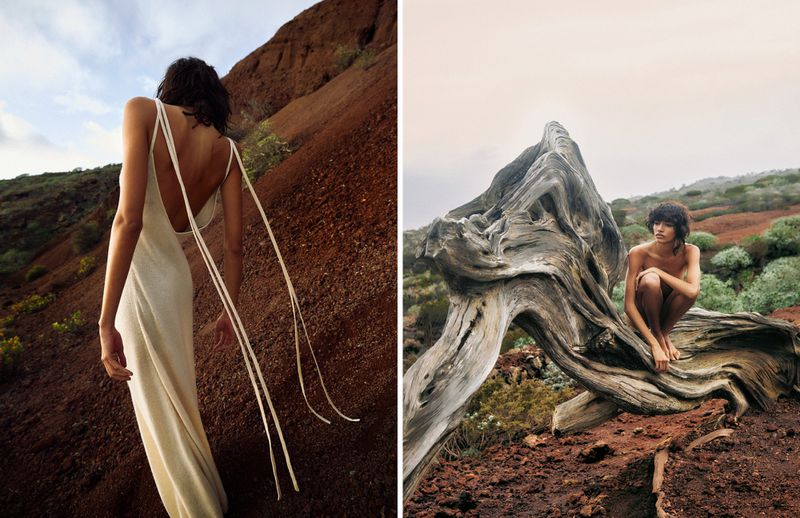 Two images showcase fashion and nature: a woman in a dress on a red hillside and another seated on driftwood in a muted landscape.