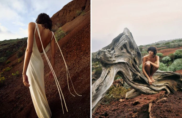 Two images showcase fashion and nature: a woman in a dress on a red hillside and another seated on driftwood in a muted landscape.