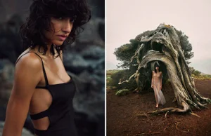 Model standing beneath the gnarled branches of an ancient tree in an outdoor landscape for Harper's Bazaar España editorial