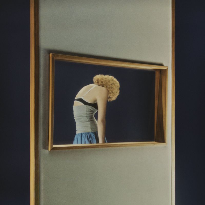 Artistic rendering of a fair-skinned woman with curly blonde hair, facing away, wearing a gray tank top and blue skirt, framed within an art frame.